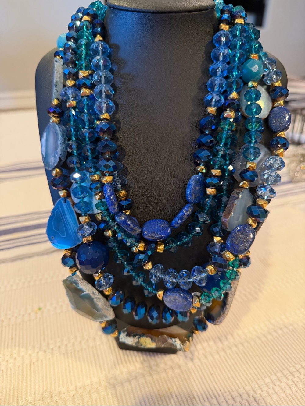 Layered Blue Bead and Stone Statement Necklace